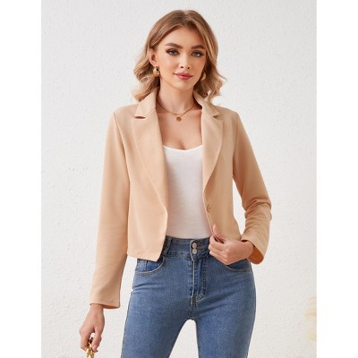 Women's Open Front Button Blazer Lapel Neck Long Sleeve Business Casual Cropped Jacket Blazer