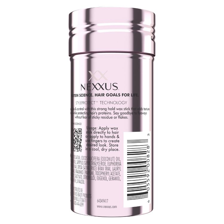 A pink colored cylindrical container of Nexxus hair wax with legible text detailing usage instructions and ingredients.