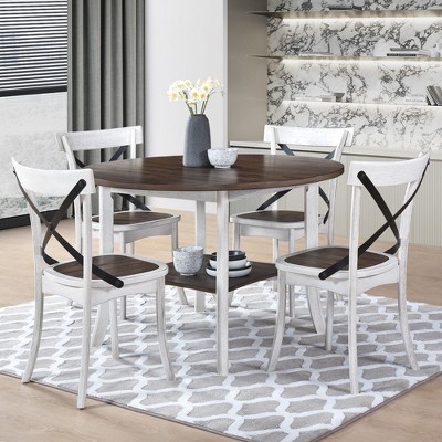 VYNXARIA 5pcs Table Set Round Dining Table Solid Wood Modern Farmhouse Rustic Look Distressed Look