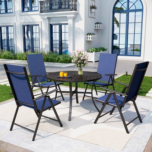 5pc Outdoor Dining Set With 7 Position Adjustable Folding Chairs Round Metal Table With Umbrella Hole Blue Captiva Designs Target