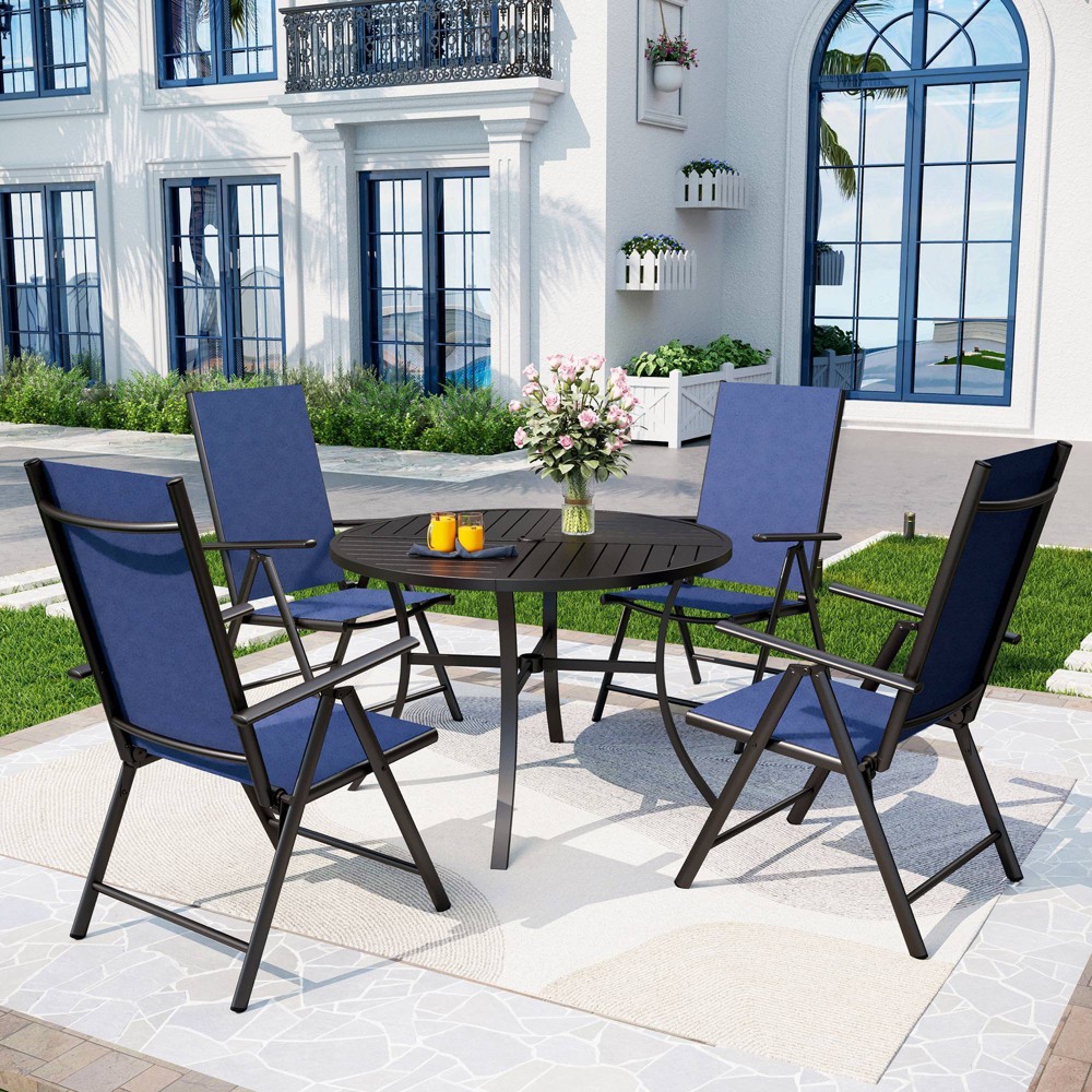 Photos - Dining Table 5pc Outdoor Dining Set with 7 Position Adjustable Folding Chairs & Round M