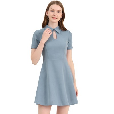 Allegra K Women's Turndown Collared Keyhole Short Sleeve Work Fit and Flare Mini Dress