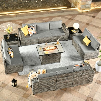 XIZZI 13 Pieces Sectional Sofa Set with Fire Pit Table, Wide Armrest and Deep Seat, Modular Furniture Set for Backyard Garden