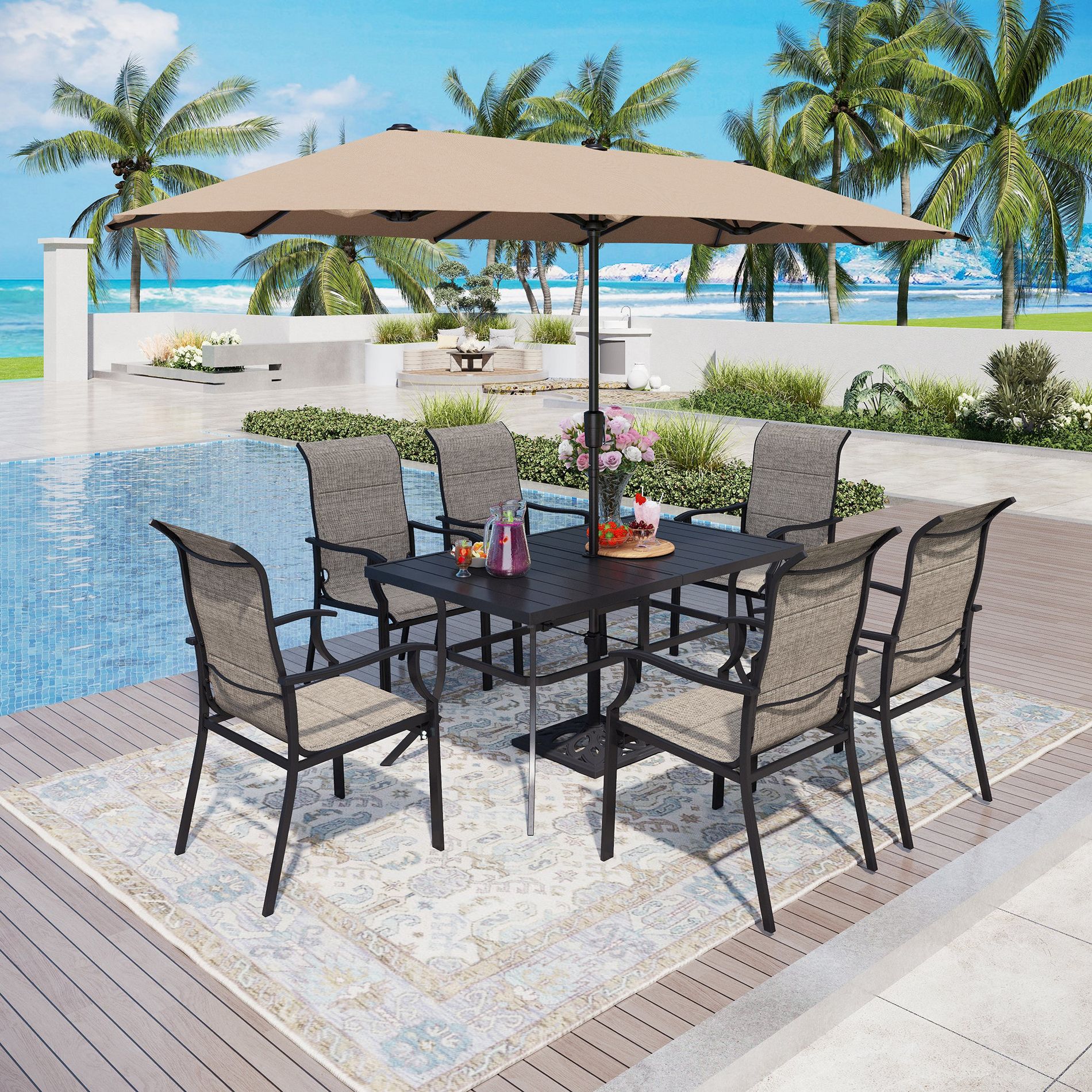 Captiva Designs 8pc Outdoor Patio Dining Horizaontal Steel Table & Padded Sling Armchairs & Beige Umbrella