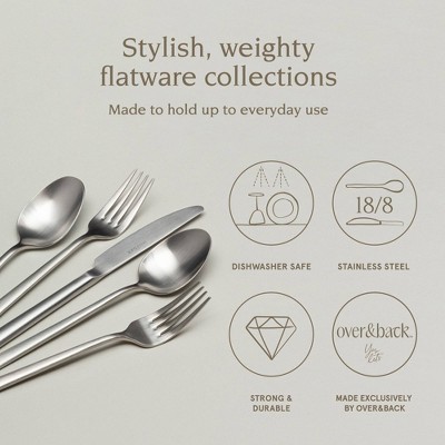 over&back 20pc Modern Flatware Set Brushed Stainless: 18/8 Stainless Steel, Service for 4, Dishwasher-Safe, BPA-Free