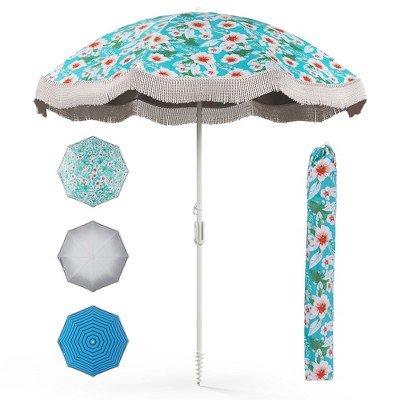 Tangkula 6.5 FT Beach Umbrella w/ Fringe Tassel Umbrella w/ Push Button Tilt Sand Anchor