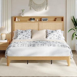 Rattan Bed Frame,Bed Frame with 2 Tier Storage Headboard, Sturdy Wooden Slats Support, Under Bed Storage, No Box Spring Needed - 1 of 4