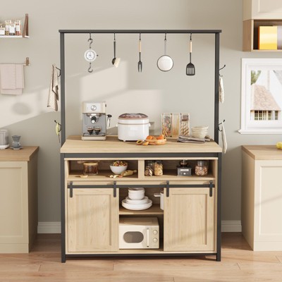 Kitchen Storage Island with Power Outlet, Kitchen Bakers Rack with Open Shelves & Hooks