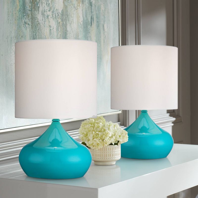 360 Lighting Mid Century Modern Mini Accent Table Lamps 14 3/4" High Set of 2 Teal Blue Droplet White Drum Shade for Bedroom House Bedside Nightstand, 2 of 8
