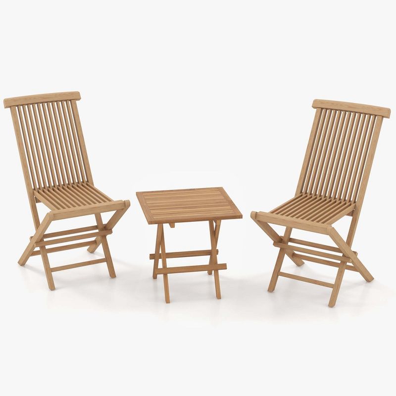 Costway 3PCS Patio Bistro Set Square Table Indonesia Teak Wood Folding Chair Slatted Tabletop Seat, 2 of 10