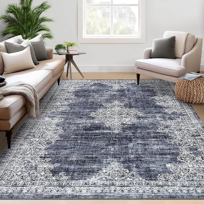 Washable Vintage Medallion Area Rug, Low-Pile Non-Slip Retro Floral Carpet, Distressed Accent Rug for Bedroom, Nursery, Living Room
