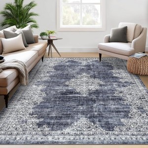 8x10 Washable Vintage Medallion Area Rug, Non-Slip Distressed Floral Carpet, Retro Oriental Print for Living Room, Bedroom, Dining Room, Blue - 1 of 4
