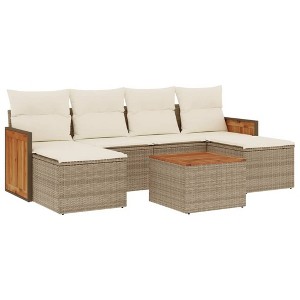 vidaXL 7 Piece Patio Sofa Set with Cushions Beige and Cream Poly Rattan - With Table - 1 of 4