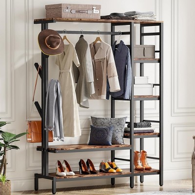 Tribesigns Freestanding Open Closet With Hooks Metal Clothes Shelf Garment Rack With Hanging Rod Heavy Clothing Closet Organizer For Bedroom Brown Target