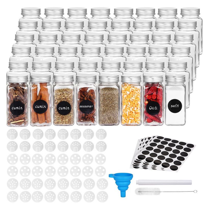 WhizMax Glass Spice Jars With Labels, 4 Oz Empty Square Spice Bottles, Seasoning Jars, Includes Shaker Lid, Funnel, Brush and Marker, 1 of 10
