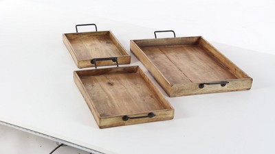 Rustic Brown Mango Wood Rectangular Tray Set with Slot Handles