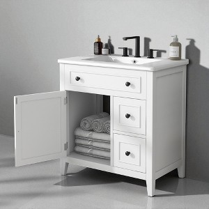 30-Inch Bathroom Vanity with Sink, White Freestanding Cabinet with 2 Drawers & Door, Ceramic Basin, 8-Inch Faucet Mount - 1 of 4