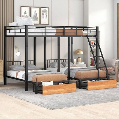 Streamdale Full Over Twin & Twin Bunk Bed, Metal Triple Bunk Bed with Drawers and Guardrails, Black