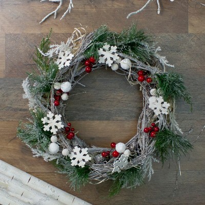 Tiny Frosted Pine and Berry Christmas Wreath with Snowflakes