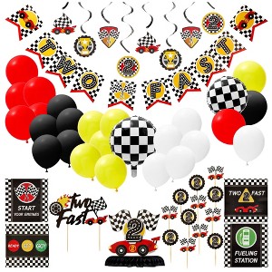 Blue Panda 51 Piece Two Fast Car Themed Birthday Decorations, Party Supplies Including Banner, Cake Toppers, Balloons, Centerpieces, and Wall Signs - 1 of 4