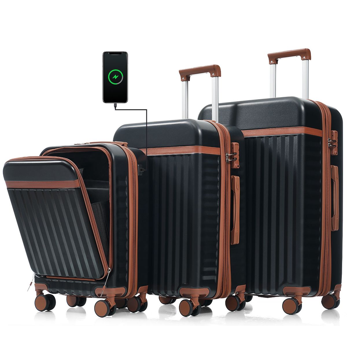 Polibi Luggage Set 3 Piece, 20 Inch Front Opening Design and 24/28 Inch Checked Suitcase with Spinner Wheels