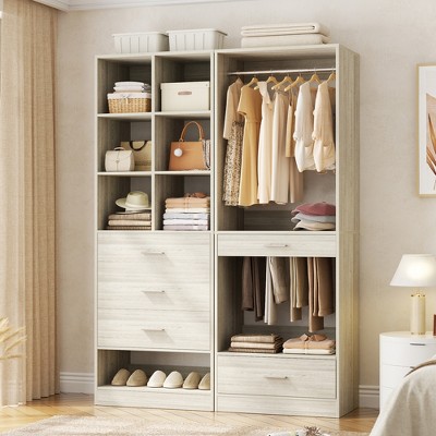 Aheaplus Freestanding Closet System with 4 Drawers and Storage, Walk-In Wardrobe Organizer with Hanging Rod