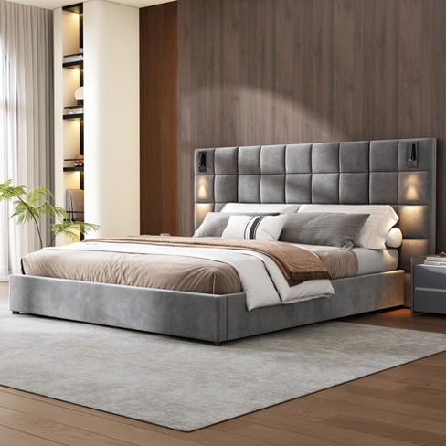 King/Queen Size Upholstered Platform Bed Frame with Wide Headboard, Reading Lamp and USB Port, Velvet, Gray - ModernLuxe - image 1 of 4