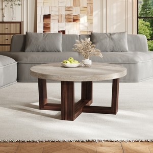 Christopher Knight Home Zarya Modern Round Coffee Table with Marble Pattern Top and Cross Base - 1 of 4