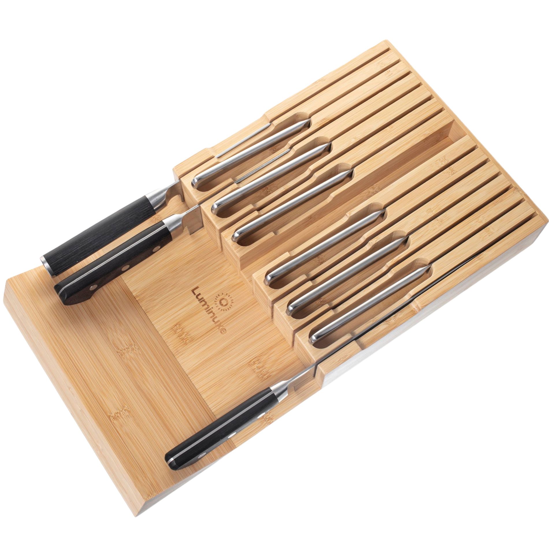Bamboo Knife Block Drawer Organizer, Nonslip, Durable In Drawer Wooden Knife Storage, Space Saving Kitchen Knife Organizer, Holds up to 12 Knives