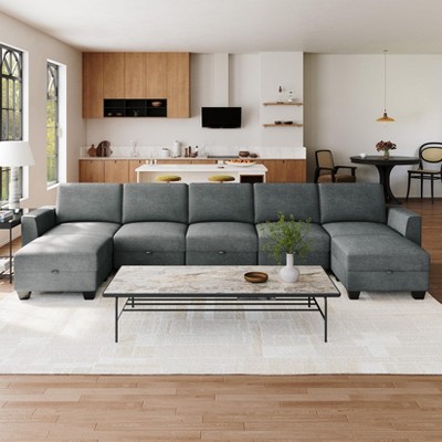 GustoWave 140''W Modular Sleeper Sofa, Sectional Sofa Bed with 7 Seat Modular Couch and Storage, Chaise