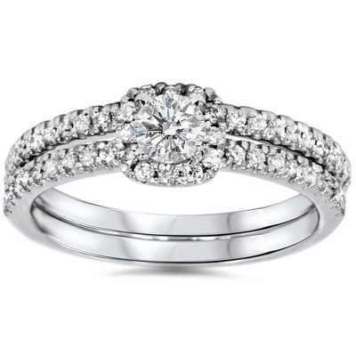 Pompeii3 3/4ct Diamond Cushion Halo Engagement Wedding Ring Set White Gold