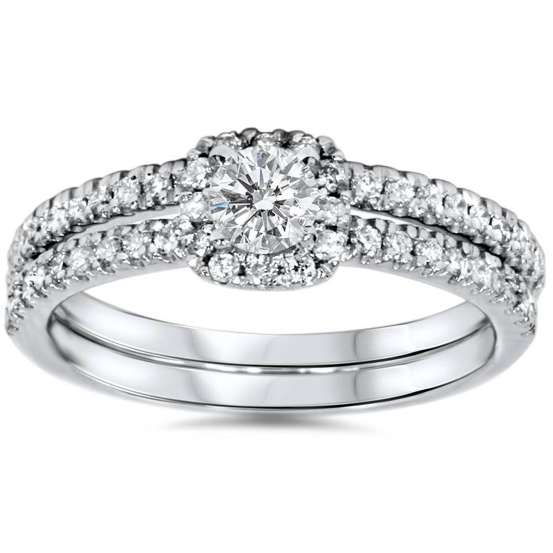 Pompeii3 3/4ct Diamond Cushion Halo Engagement Wedding Ring Set White Gold, 1 of 6