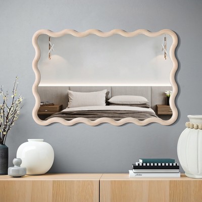 39.25-Inch Tall Rectangular Natural Pine Wood Wavy Frame Wall Mirror