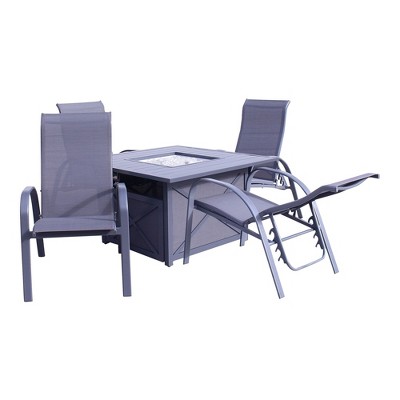 Courtyard Casual Santa Fe 5 pc Square Fire Pit Set with Sling Reclining Chairs  Includes One Square Fire Pit and Four Sling Reclining Chairs