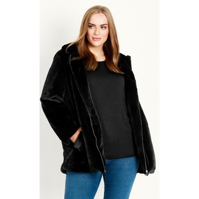 Women's Plus Size Fur Zip Hood Jacket - Black | Evans : Target