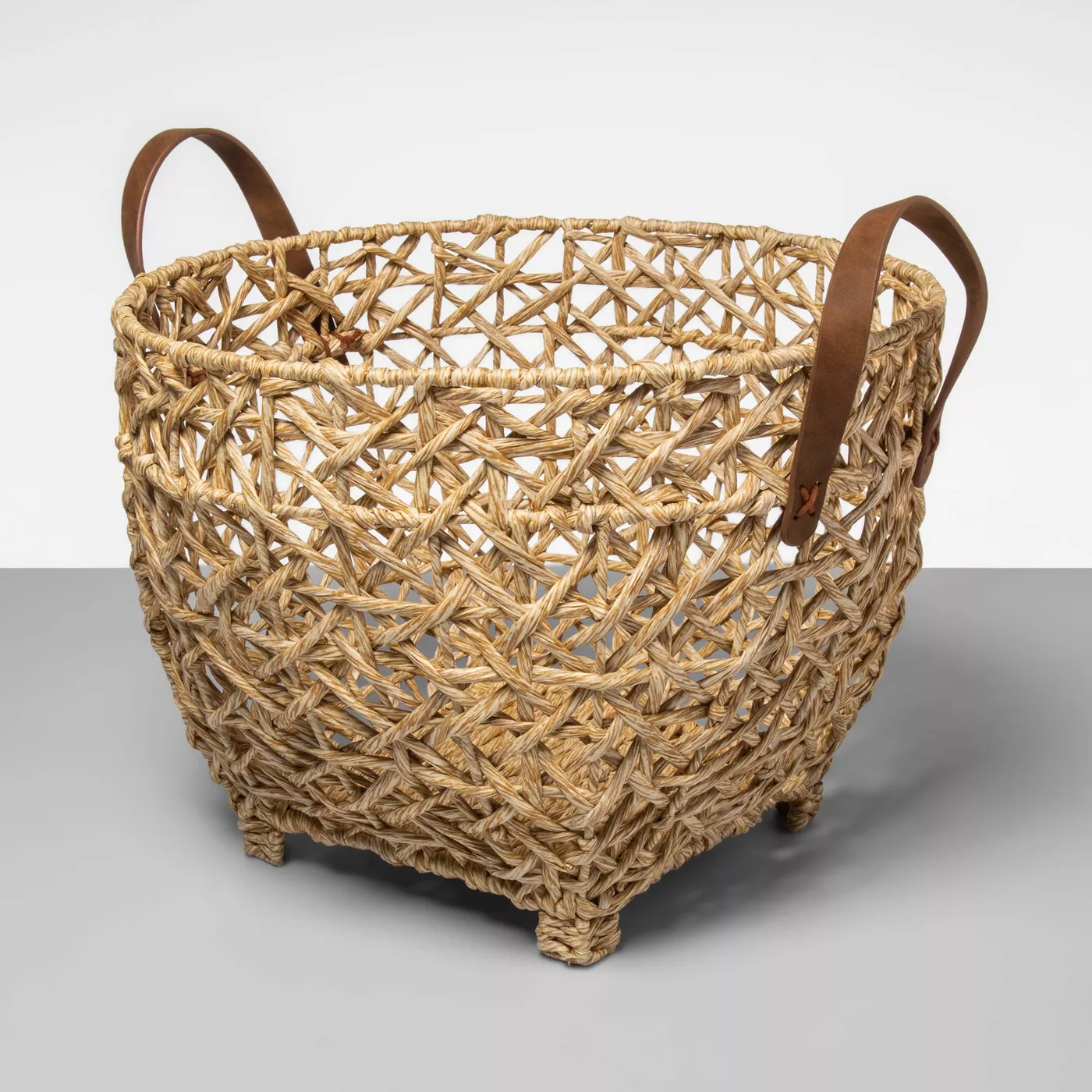 Open Weave Basket With Feet And Leather Handle