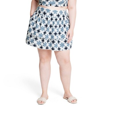 Women's Coral Tile Print Tiered A-Line Mini Skirt - Agua Bendita x Target Cream/Navy Blue
