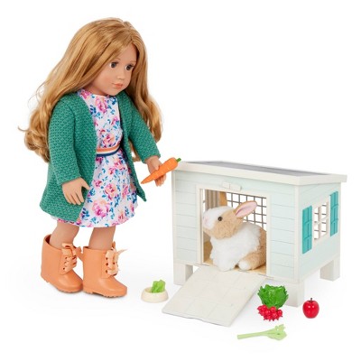Mint Green Wooden Bunny Hutch with Plush Rabbit and Food Accessories