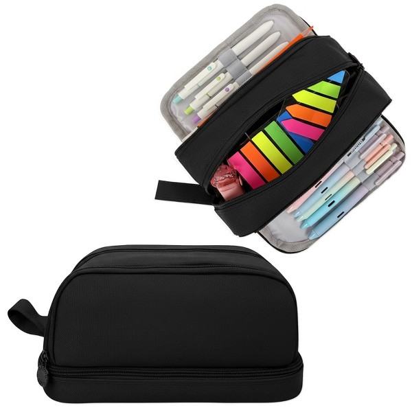 Estuche Wrapables de gran capacidad con 4 compartimentos, portalápices para herramientas de papelería, negro