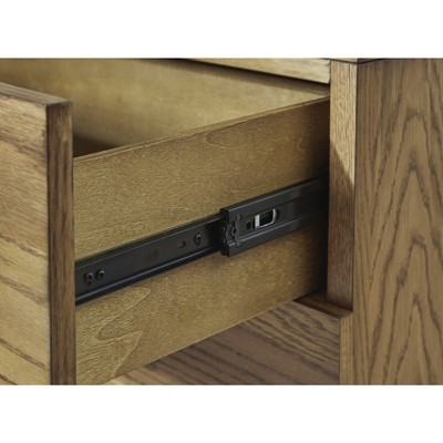 Brown Oak Veneer 3-Drawer Nightstand with Black Iron Pulls