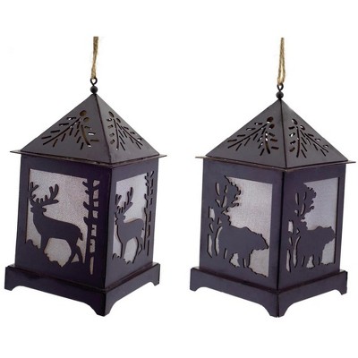 Melrose Set of 2 Battery Operated LED Lighted Black Bear and Deer Lantern Christmas Ornaments 6.5"