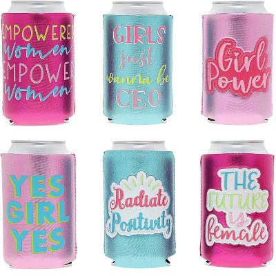 6-Pack Metallic Can Cooler Sleeves, 12 oz Insulated Beer & Soda Koozies, 6 Cute Girl Power Designs for Women, Girls Night Out Parties, Blue & Pink