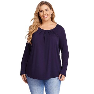 WhizMax Women Pleated Flowy Top 3/4 Roll Sleeve Casual Loose Blouse Round Neck Tunic Shirt Long Sleeve - 1 of 4
