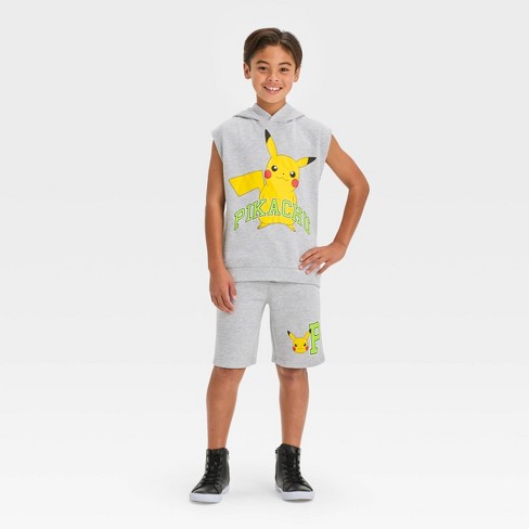 Boys' Pokemon Cutoff Hoodie Top and Bottom Set - Heather Gray XS