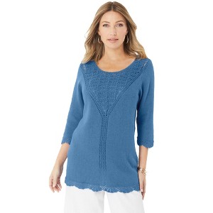 Roaman's Women's Plus Size Lace Knit Pullover Sweater - 1 of 4