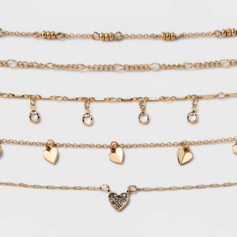Embellished Heart Chain Choker Necklace Set 5pc - Wild Fable™ Gold