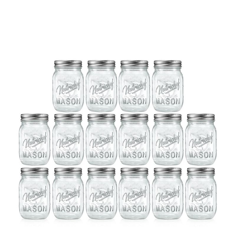 NutriChef 16 Pcs. Glass Mason Jars with Regular Lids and Bands, DIY Magnetic Spice Jars, Ideal for Meal Prep, Jam, Honey, Wedding Favors, and more, 1 of 8