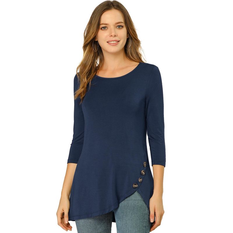 Allegra K Women's 3/4 Sleeve Round Neck Button Decor Casual Stretchy Tunic Tops, 5 of 8
