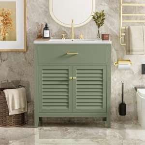 Vynxaria 30" Bathroom Vanity with Ceramic Sink Combination, Ample Storage - Features 1 Pullout and Multifunctional Shelf Dividers - 1 of 4