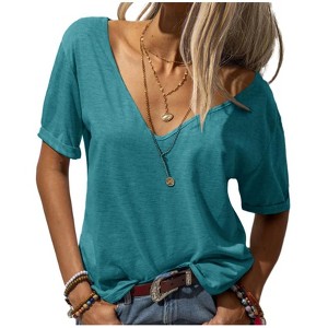 Imily Bela Womens T Shirt Deep V Neck Short Sleeve Casual Fit Basic Fashion Top - 1 of 3